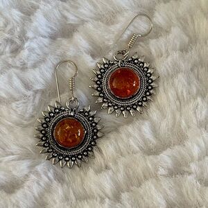 Amber Sunburst Dangle Earrings Silver Plated Boho Statement